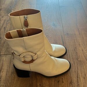 White and Brown Heeled Ankle Boots with Chunky Heel